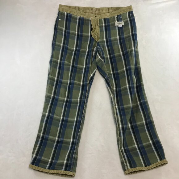 LL Bean Standard Fit Corduroy Plaid Flannel Lined Pants Olive Outdoor 38 x 30 - Picture 1 of 12
